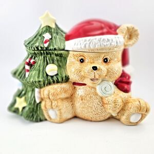 VTG Santa Teddy Bear and Christmas Tree Cookie Jar Hand painted Glazed Ceramic